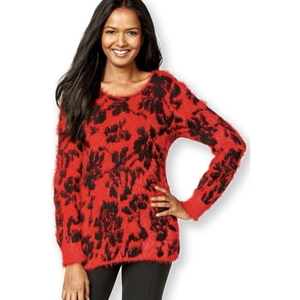 NY Collection L Red Black Floral Eyelash Knit Sweater Pullover NWT